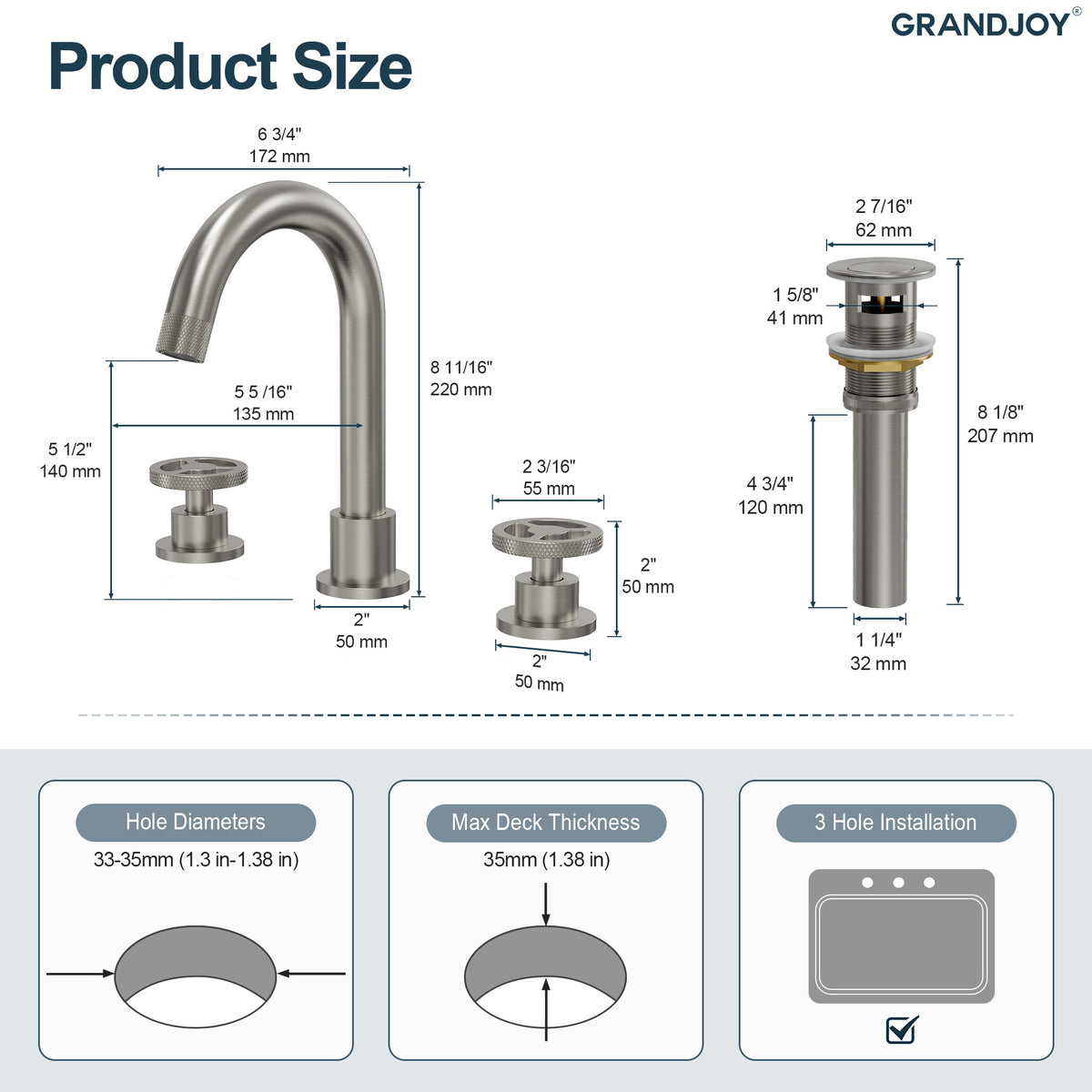 Three-Hole Widespread Bathroom Sink Faucet with Knurled Handles and Swivel Spout
