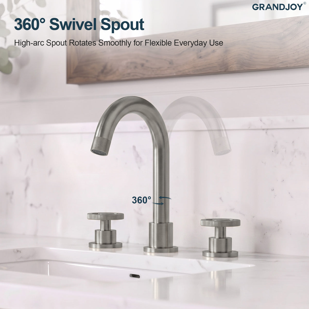 Three-Hole Widespread Bathroom Sink Faucet with Knurled Handles and Swivel Spout