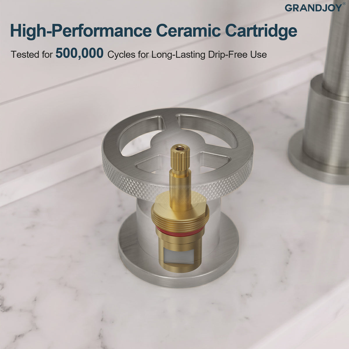 Three-Hole Widespread Bathroom Sink Faucet with Knurled Handles and Swivel Spout