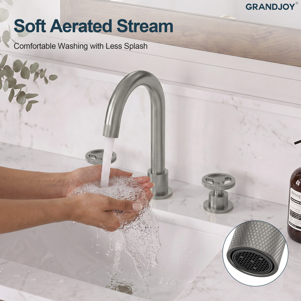 Three-Hole Widespread Bathroom Sink Faucet with Knurled Handles and Swivel Spout