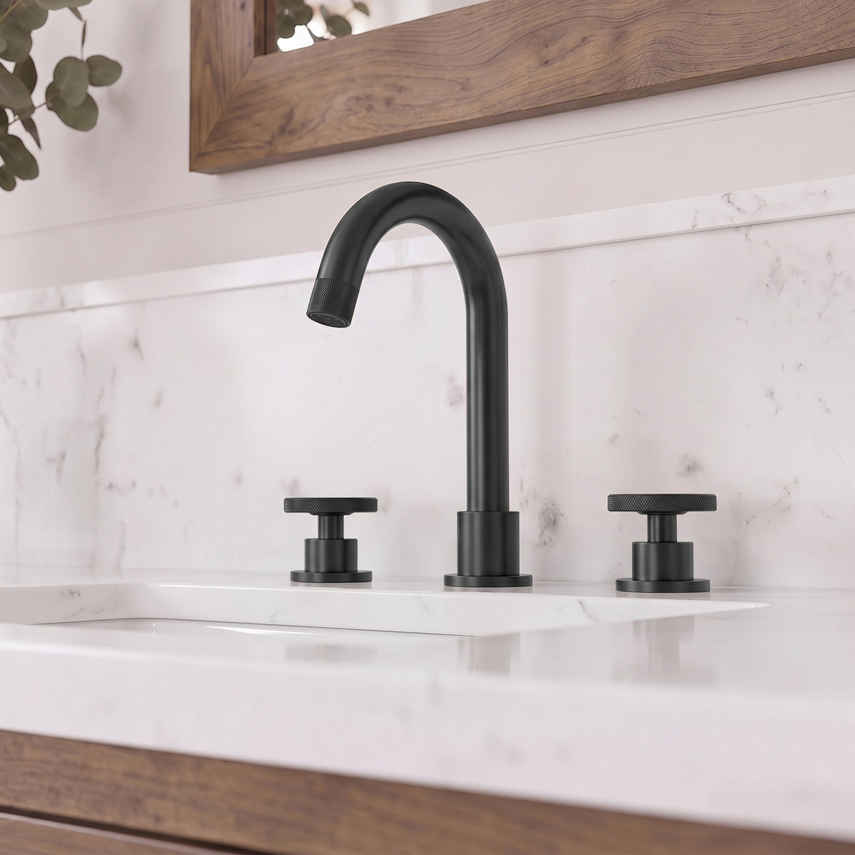 Three-Hole Widespread Bathroom Sink Faucet with Knurled Handles and Swivel Spout