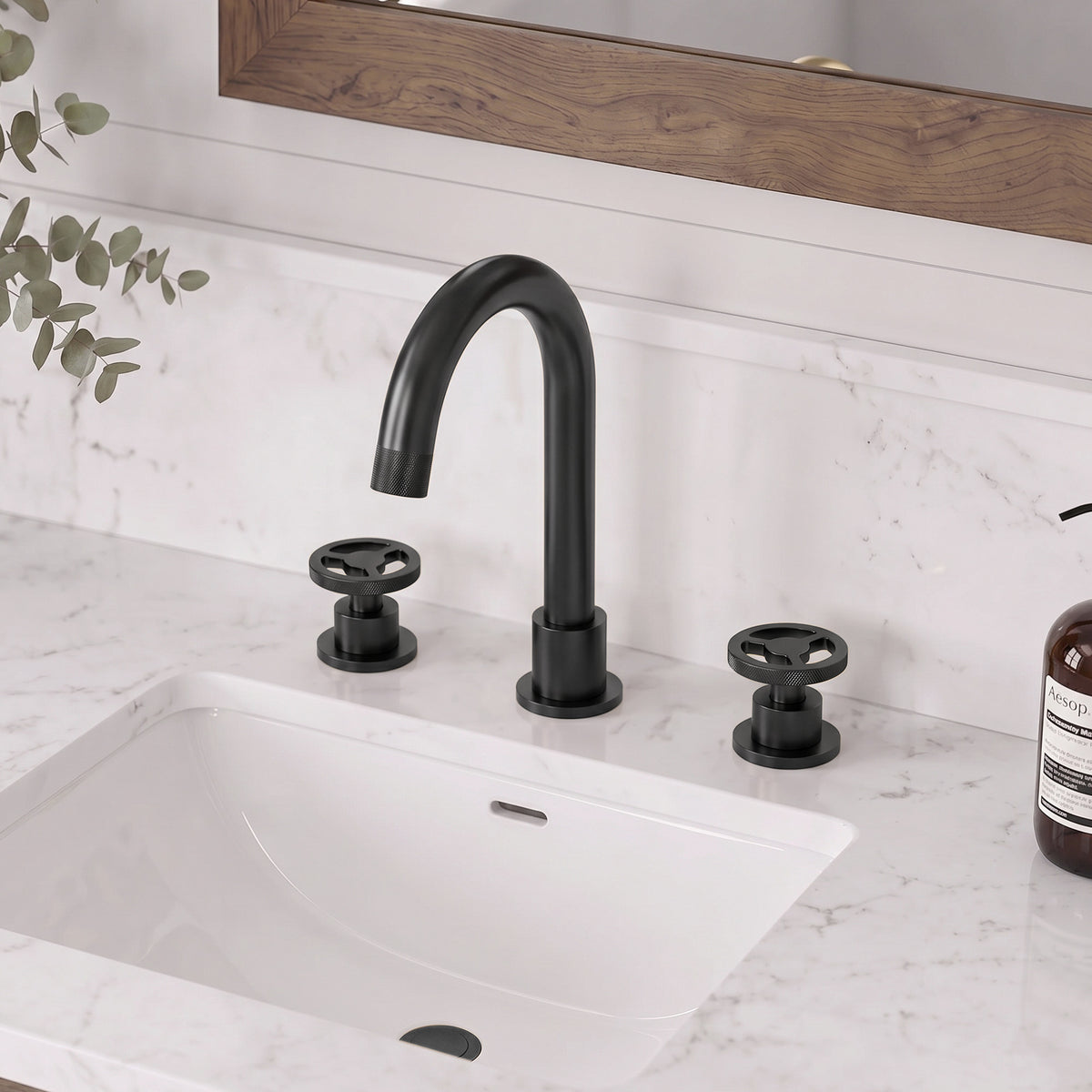 Three-Hole Widespread Bathroom Sink Faucet with Knurled Handles and Swivel Spout