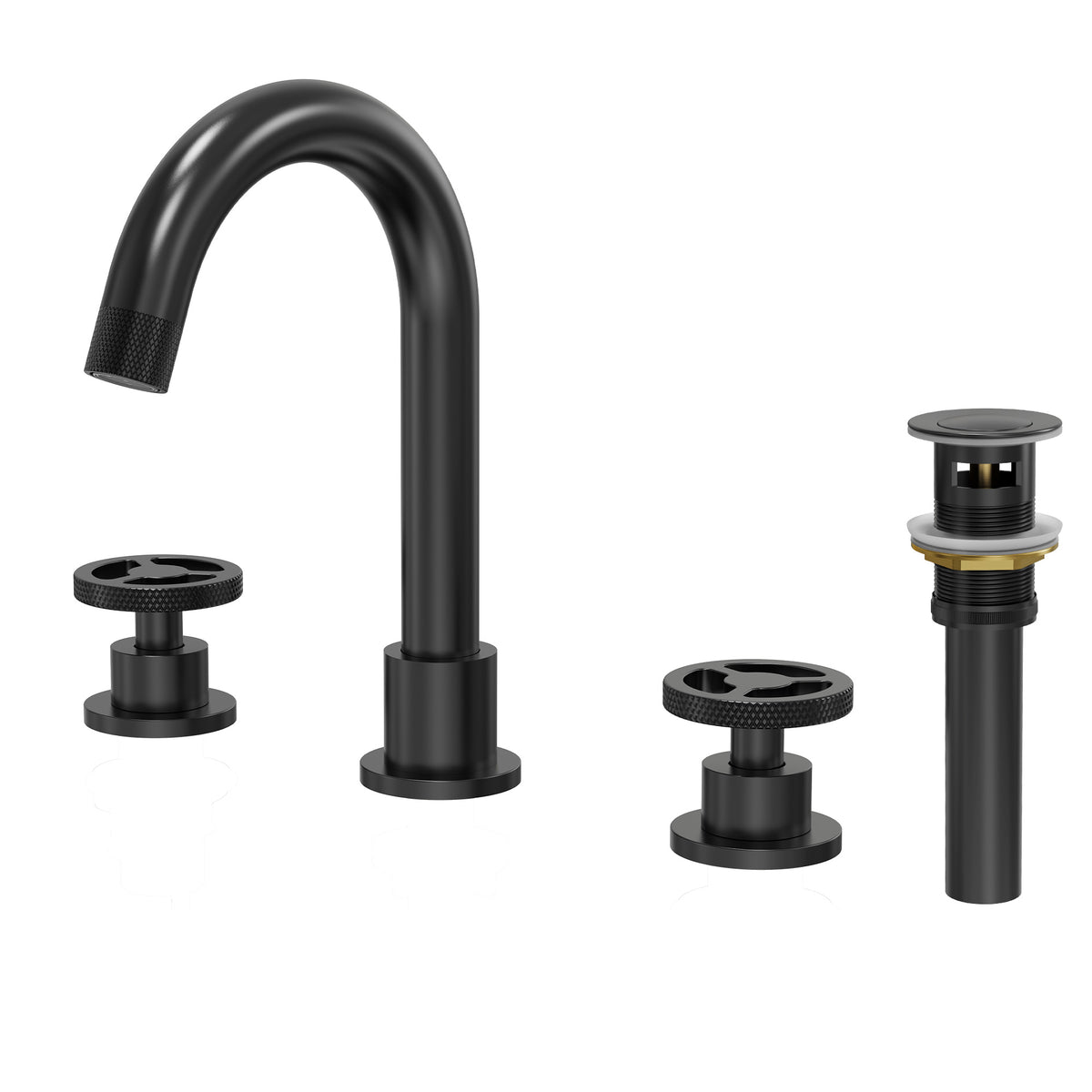 Three-Hole Widespread Bathroom Sink Faucet with Knurled Handles and Swivel Spout
