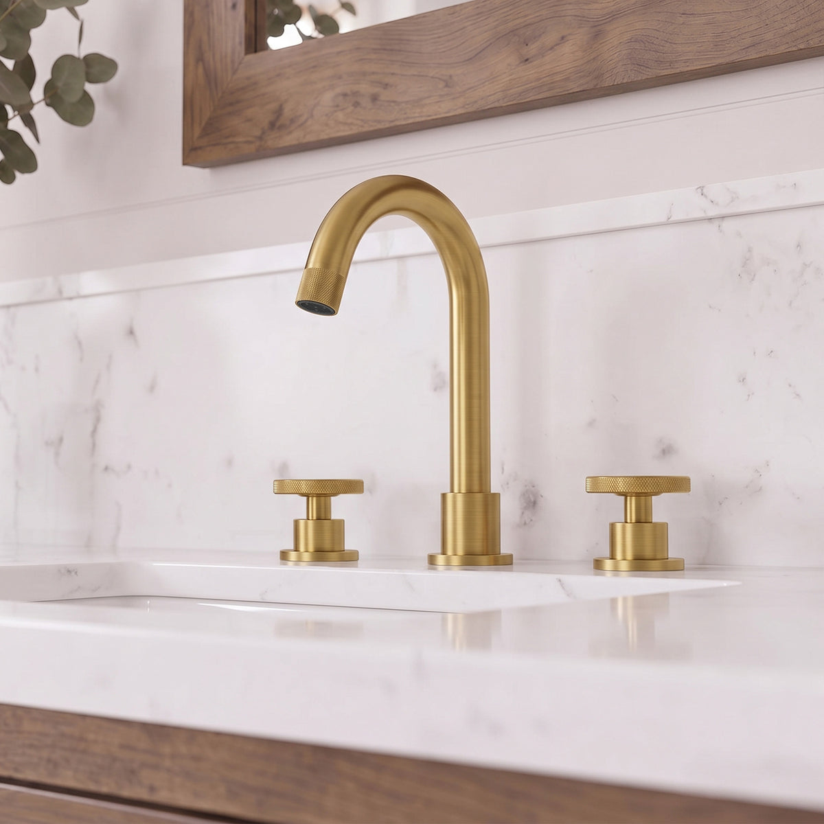 Three-Hole Widespread Bathroom Sink Faucet with Knurled Handles and Swivel Spout