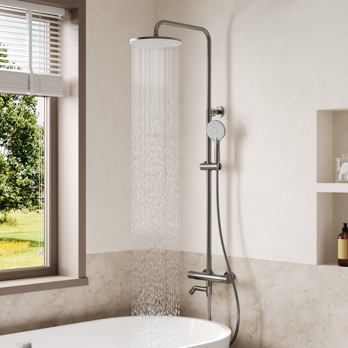 Exposed Thermostatic Tub and Shower System with 10-Inch Rain Shower Head
