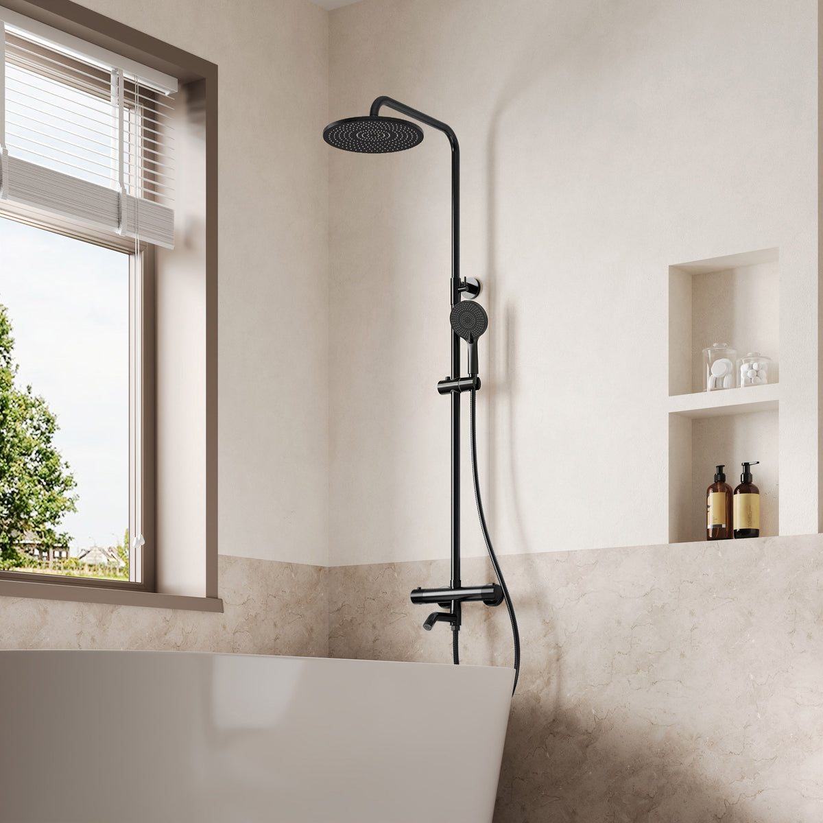 Exposed Thermostatic Tub and Shower System with 10-Inch Rain Shower Head
