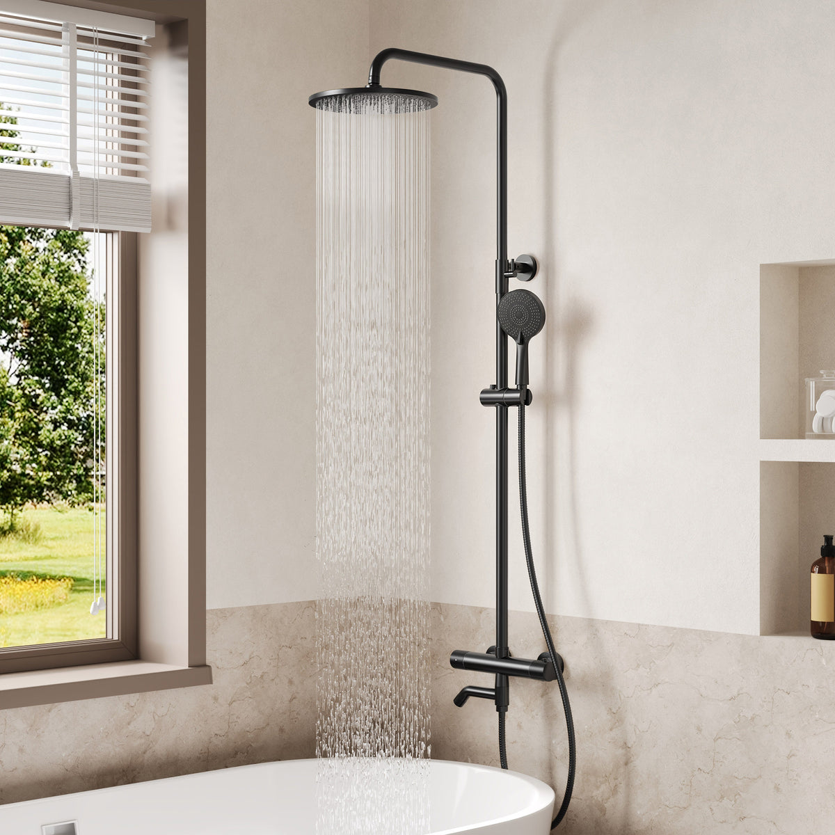 Exposed Thermostatic Tub and Shower System with 10-Inch Rain Shower Head