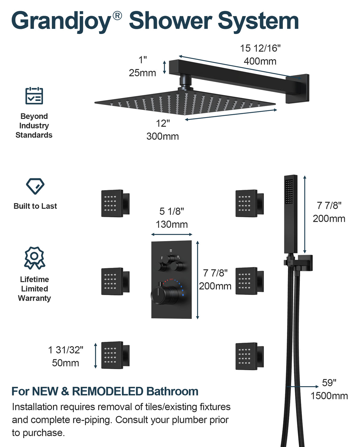 12-Inch Wall-Mounted Three-Function Thermostatic Shower System
