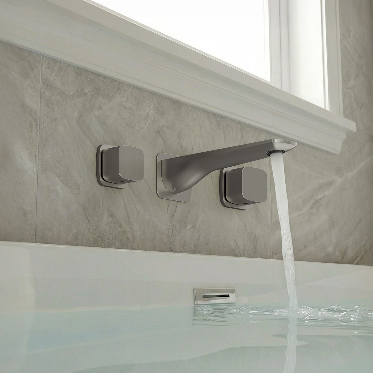 High-Flow Wall-Mounted Bathtub Faucet with Flat Spout and Dual Handles