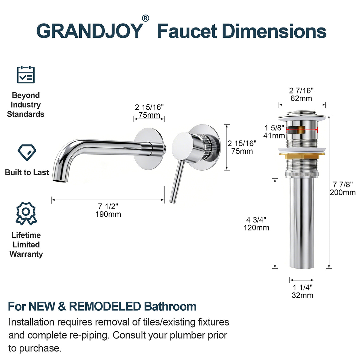 Single-Handle Wall-Mount Bathroom Sink Faucet With Pop-Up Drain