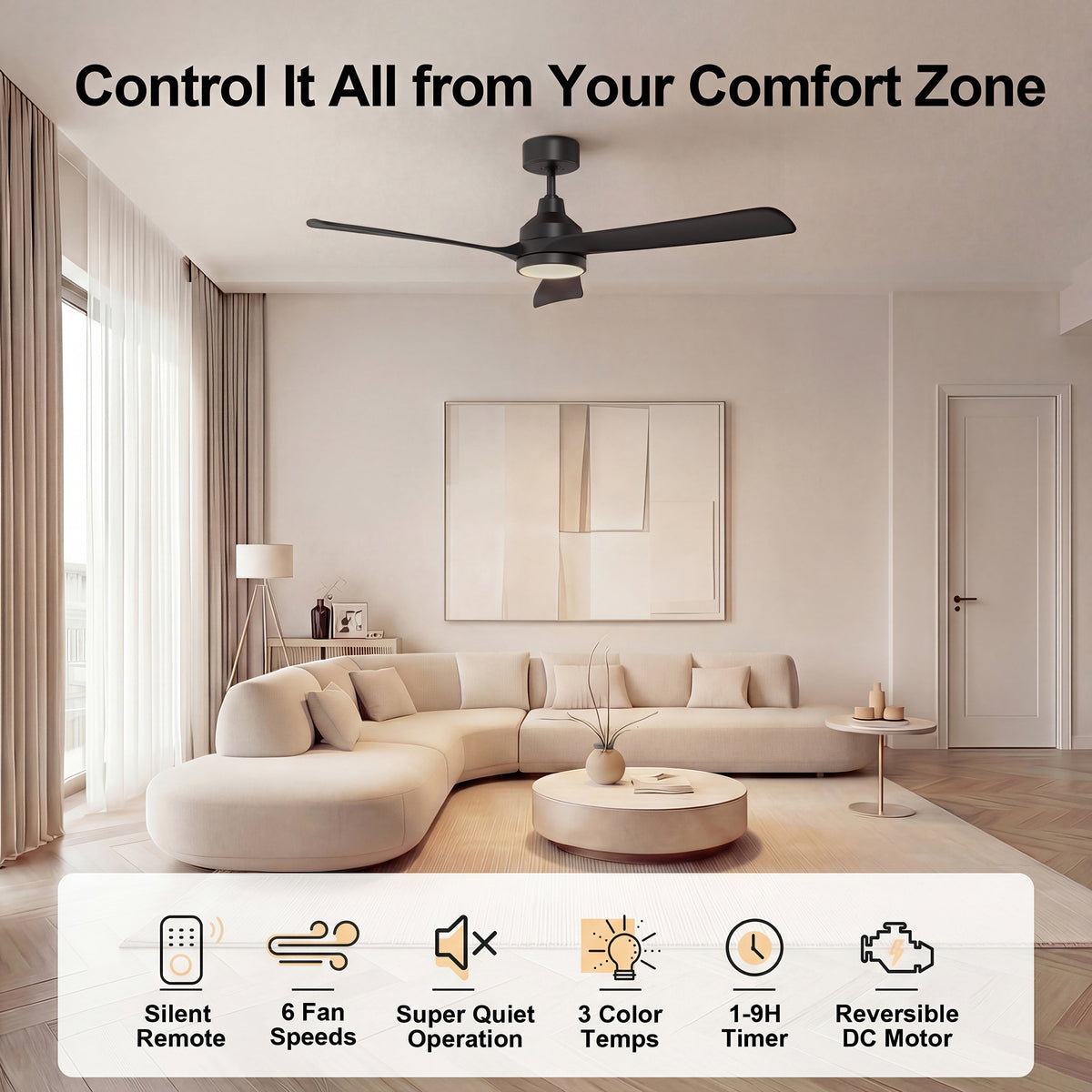 52-Inch Downrod Mount 3-Blade Ceiling Fan with Light and Remote Control