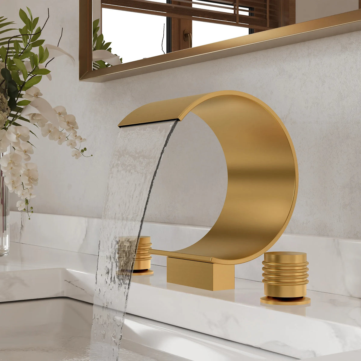 Two-Handle Waterfall Widespread Bathroom Sink Faucet With Pop-Up Drain