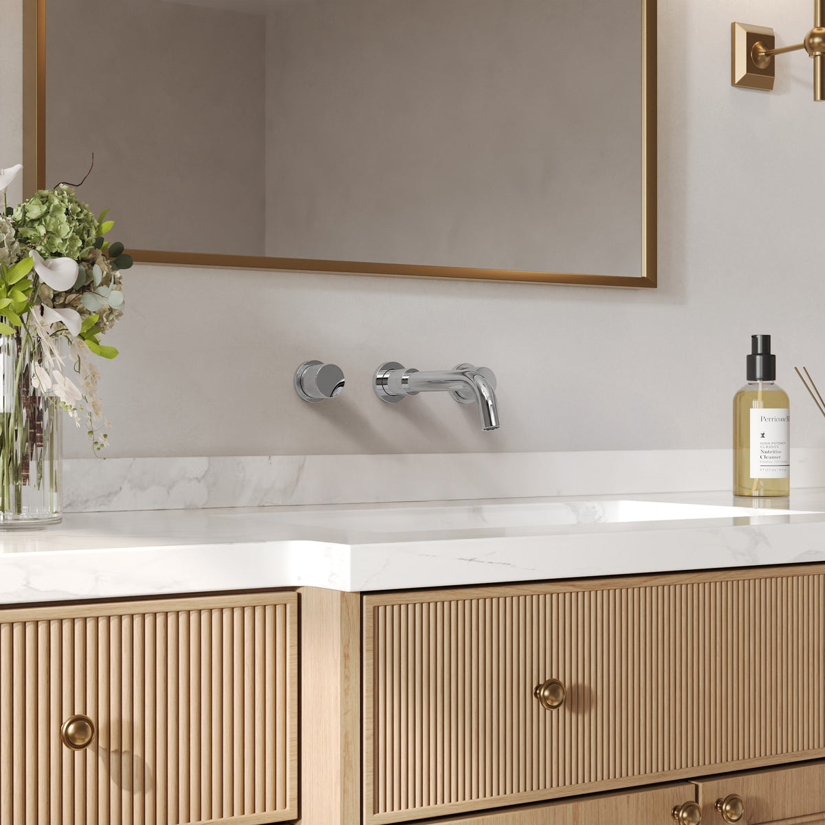 Two-Handle Wall-Mount Bathroom Sink Faucet With Pop-Up Drain