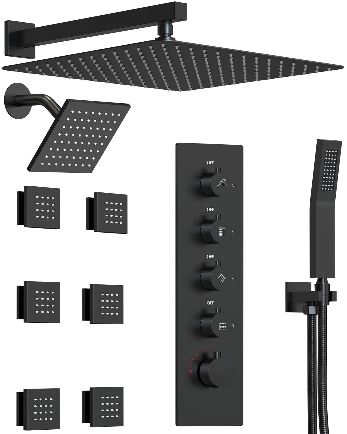 Wall-Mounted Rainfall Shower System with Body Jets and Handheld Spray