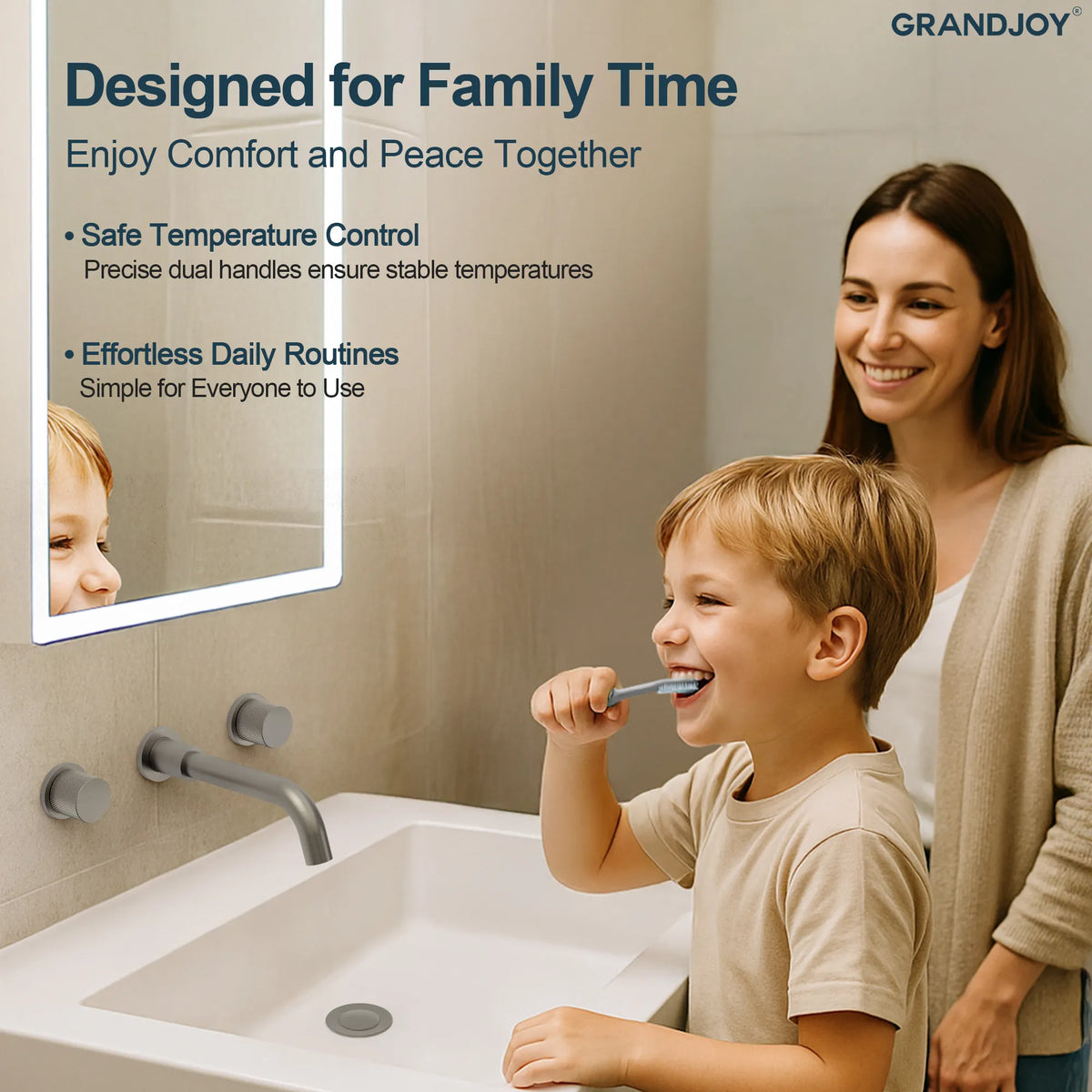 Two-Handle Wall-Mount Bathroom Sink Faucet With Pop-Up Drain