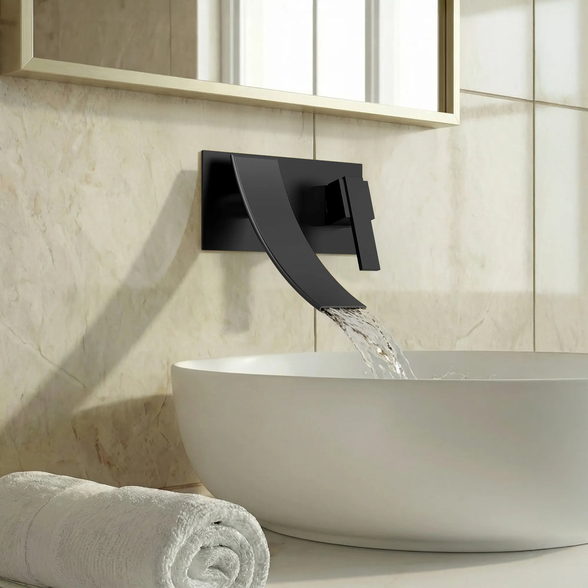 Single-Handle Wall-Mount Bathroom Sink Faucet With Waterfall Spout And Pop-Up Drain