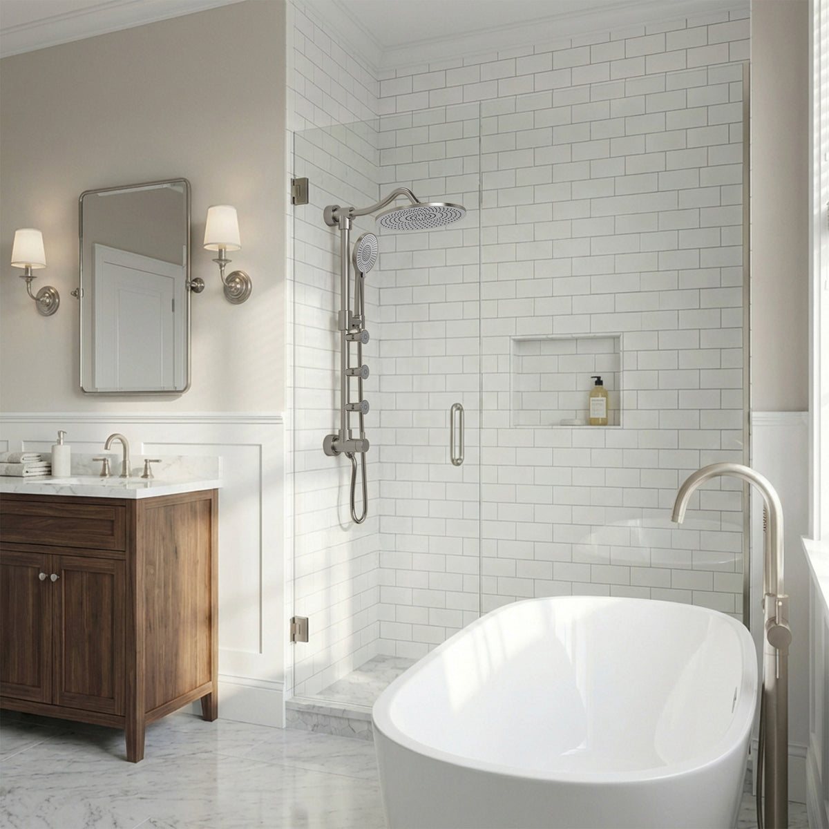 Exposed Rain Shower System with Handheld and Side Sprays
