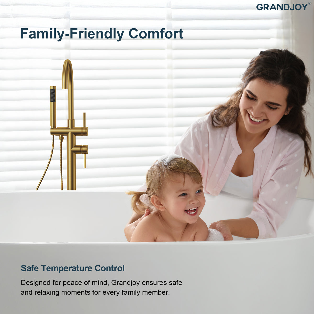 High-Arc Floor-Mounted Freestanding Bathtub Faucet with Hand Shower and Swivel Spout