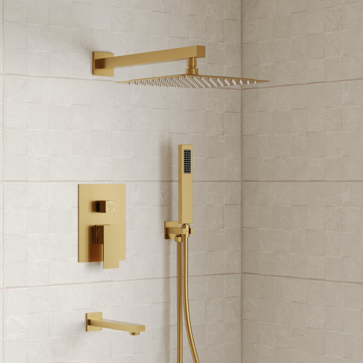 Wall-Mounted Rain Shower System with Handheld and Tub Spout