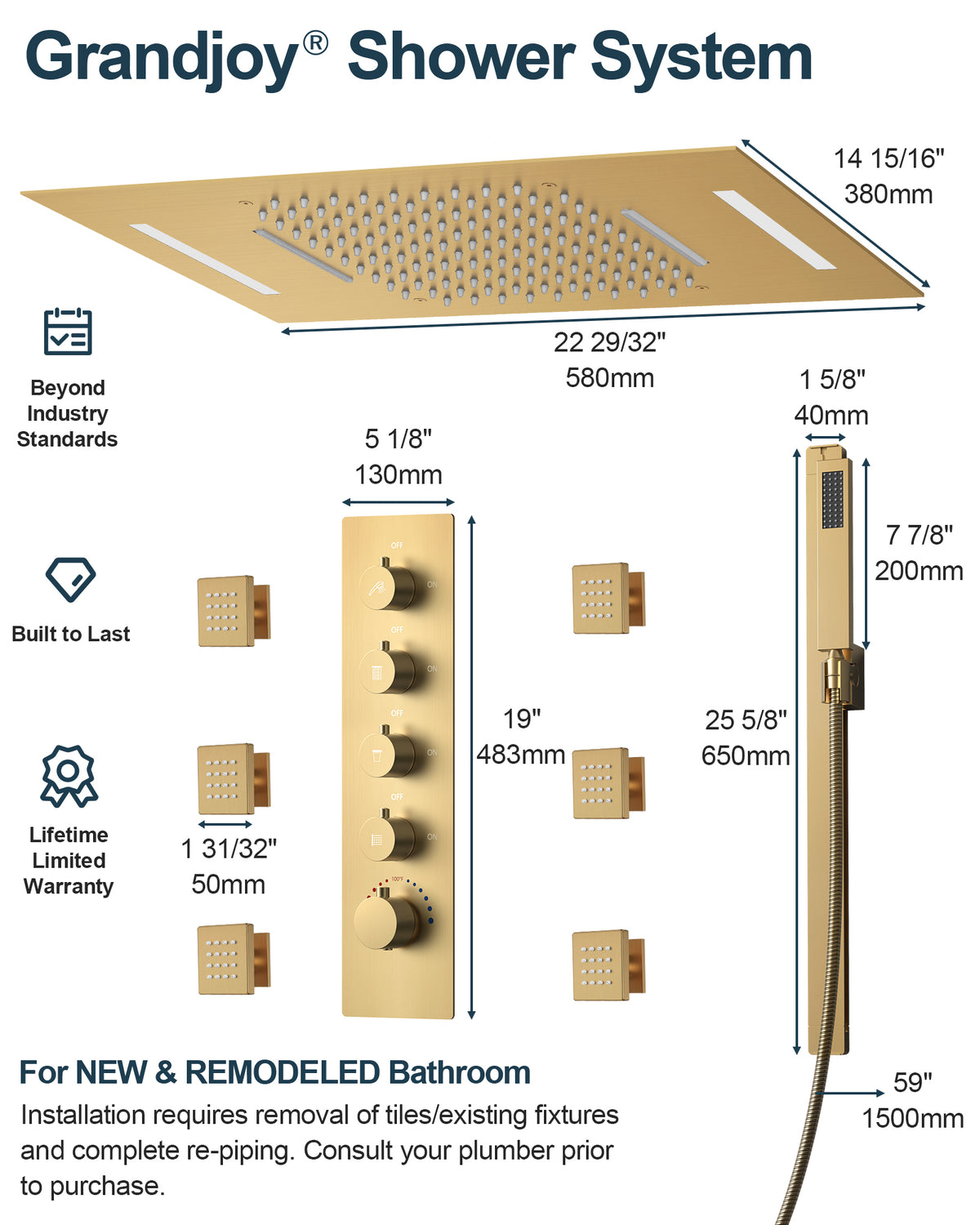 LED Ceiling-Mounted Thermostatic Shower System with Waterfall and Body Jets
