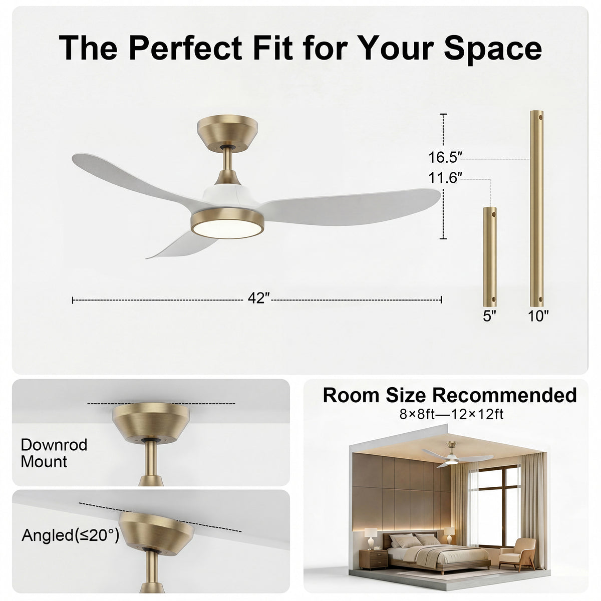 42-Inch Downrod Mount 3-Blade Ceiling Fan with Light and Remote Control