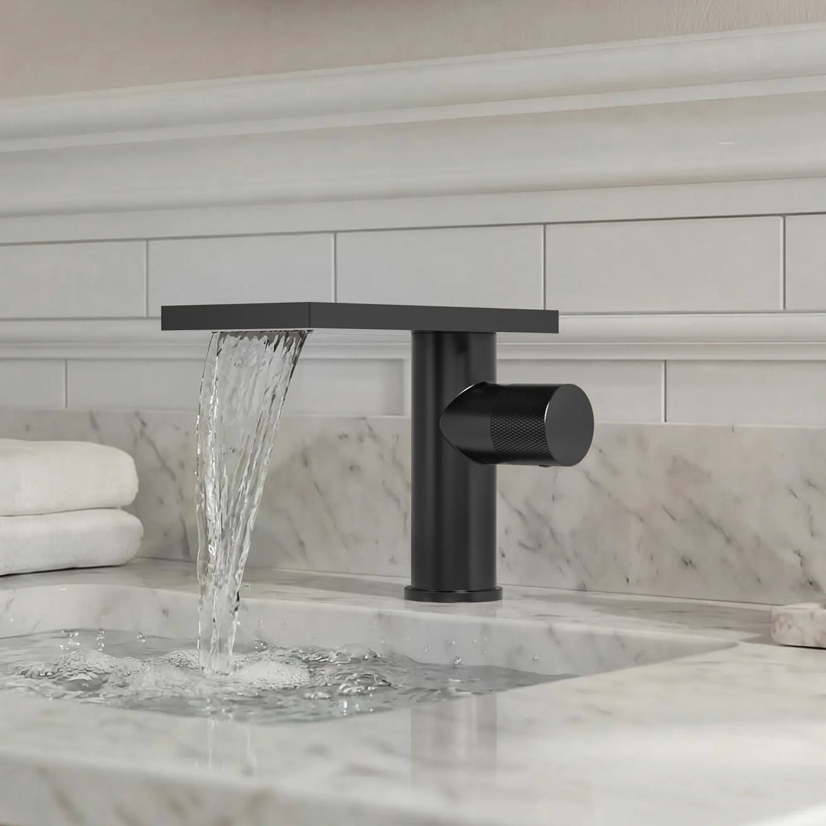 Single-Handle Bathroom Sink Faucet With Waterfall Spout And Pop-Up Drain