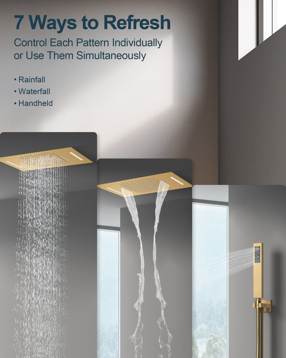 LED Ceiling-Mounted Thermostatic Rainfall and Waterfall Shower System