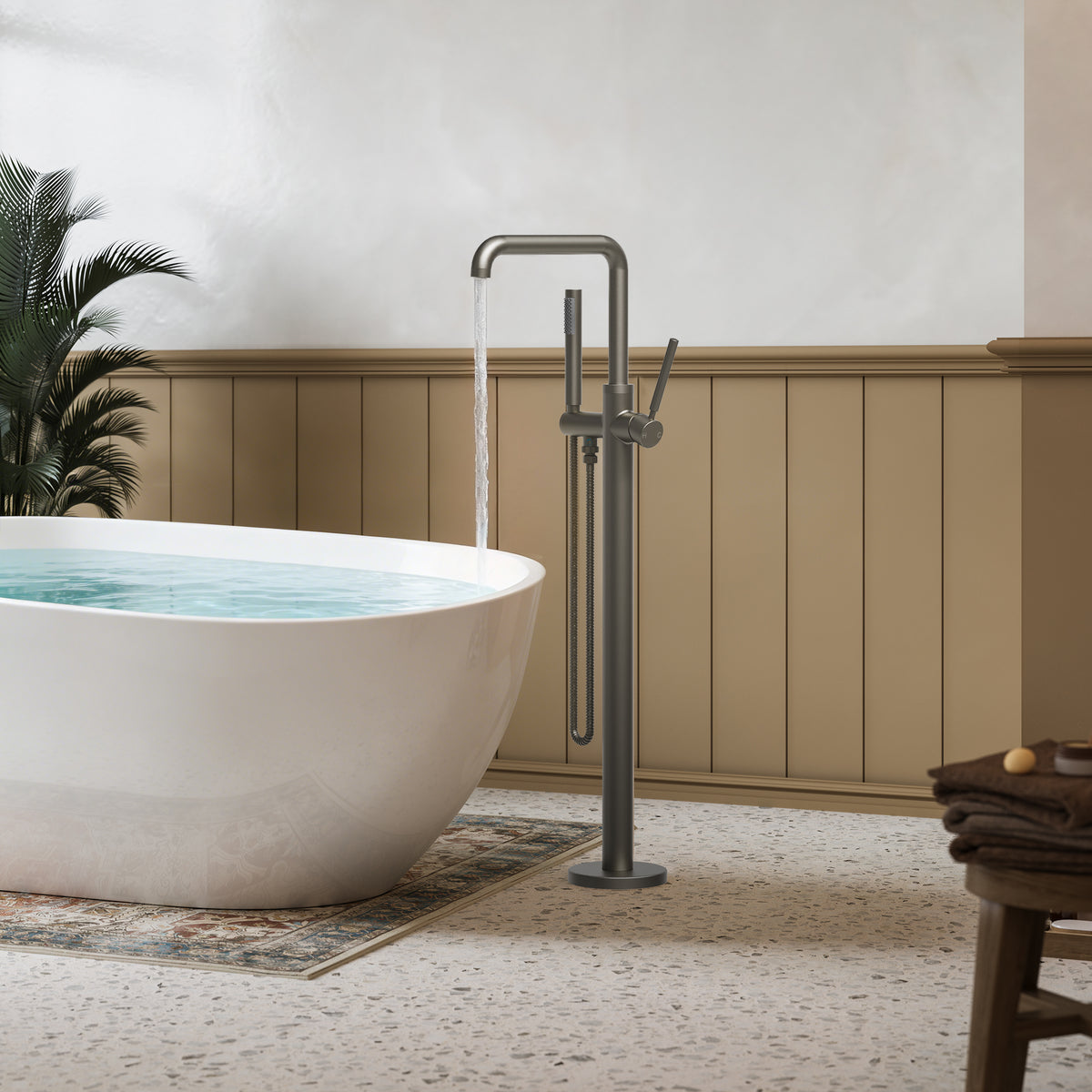 Floor-Mounted Bathtub Faucet with Swivel Spout and Hand Shower