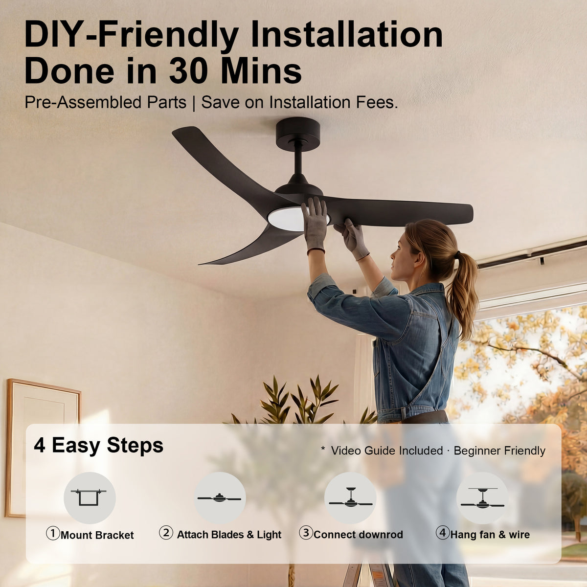 52-Inch Downrod Mount 3-Blade Indoor Outdoor Ceiling Fan with Light and Remote