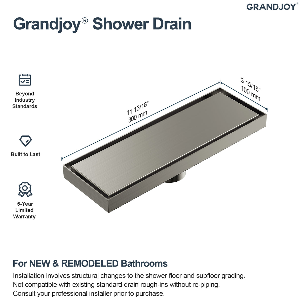 12-Inch Reversible Linear Shower Drain with Anti-Odor Core
