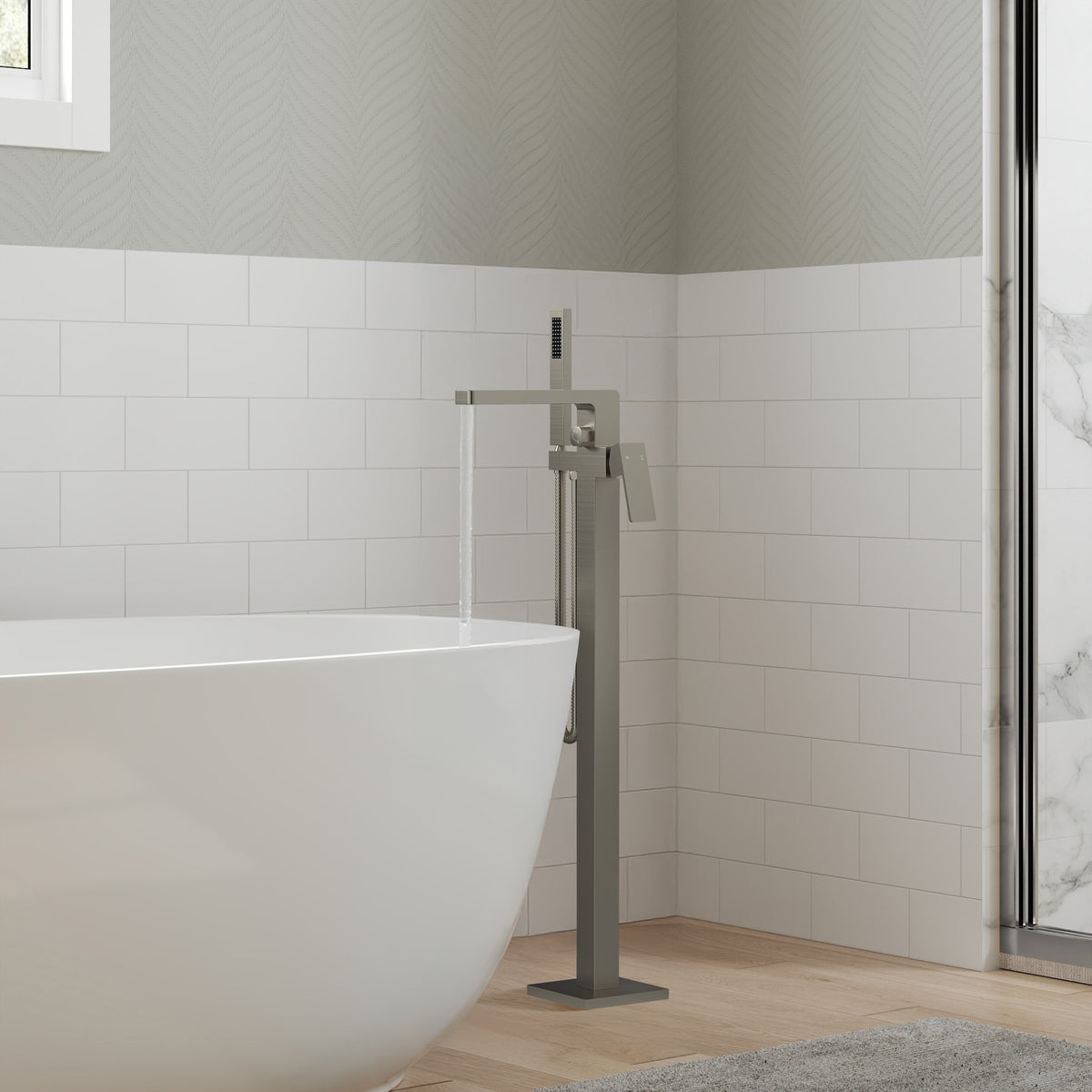 Square Floor-Mounted Bathtub Faucet with Hand Shower and Swivel Spout