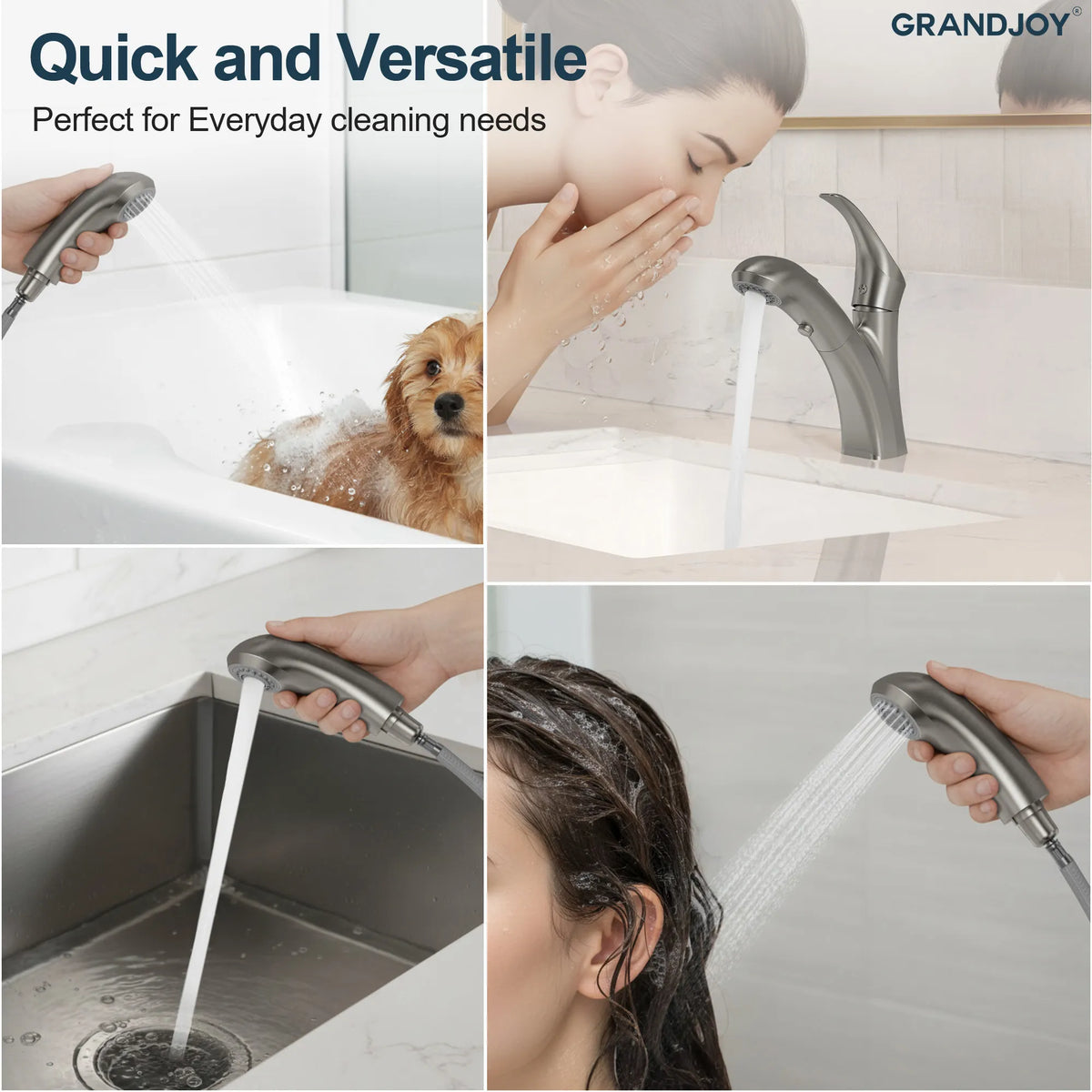 Single-Handle Pull-Out Bathroom Sink Faucet With Dual Spray Modes And Pop-Up Drain