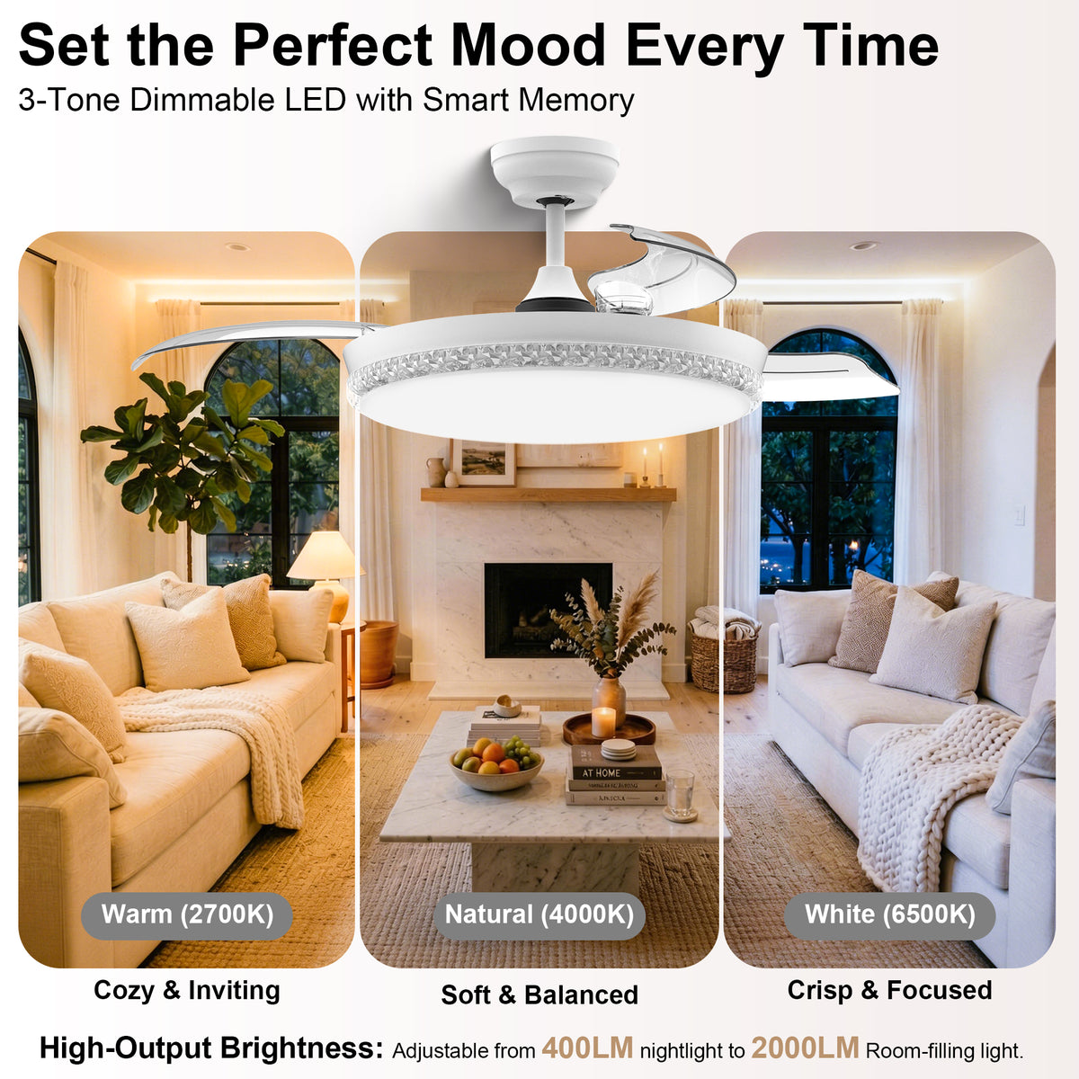 44-Inch Downrod Mount 4-Blade Retractable Ceiling Fan with Light and Remote Control