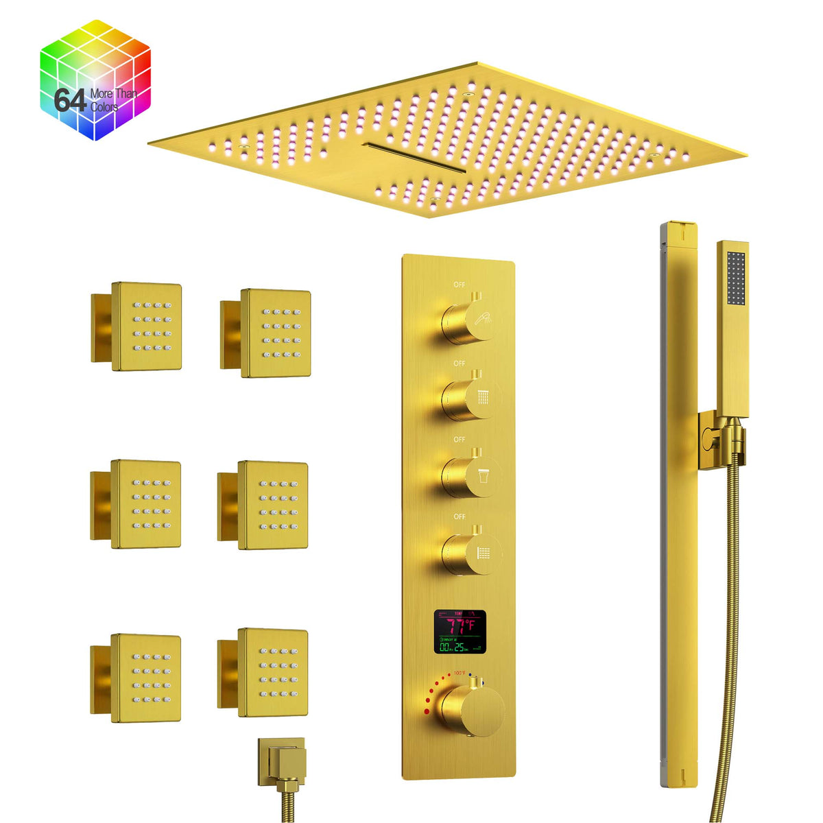 LED Ceiling-Mounted Thermostatic Shower System with Body Jets