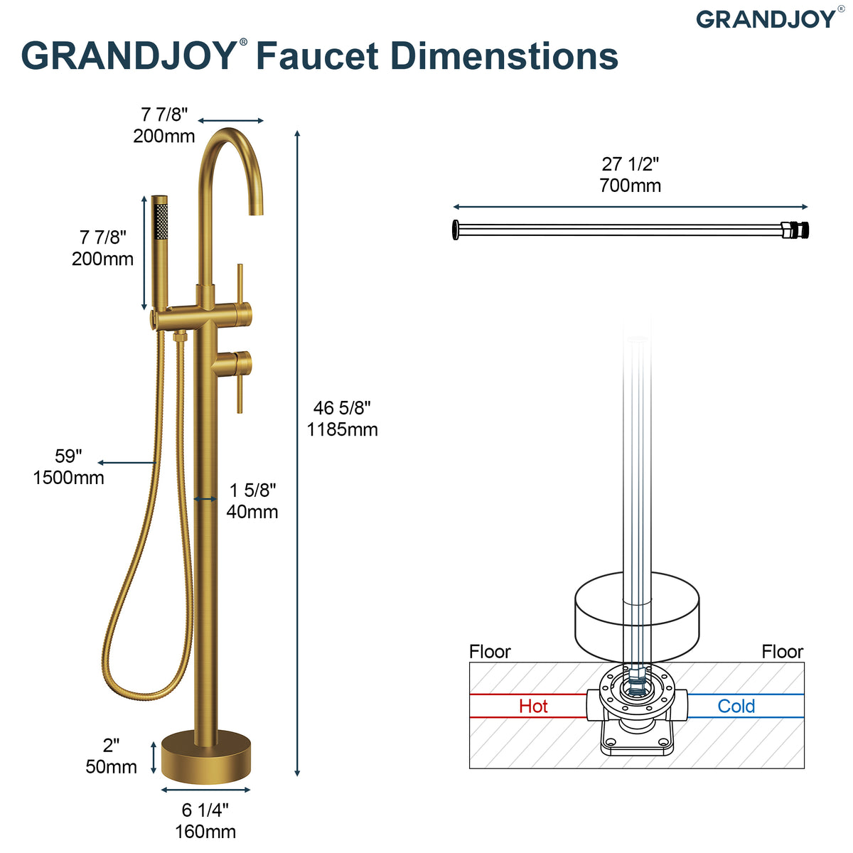High-Arc Floor-Mounted Freestanding Bathtub Faucet with Hand Shower and Swivel Spout