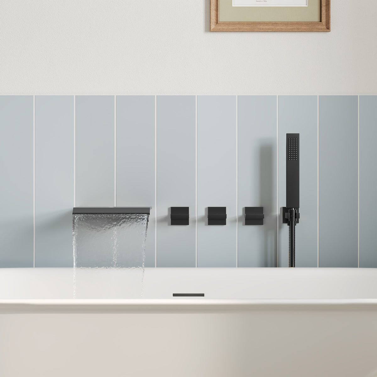 Wall-Mounted Floor-Mounted bathtub with Three Handles and Hand Shower