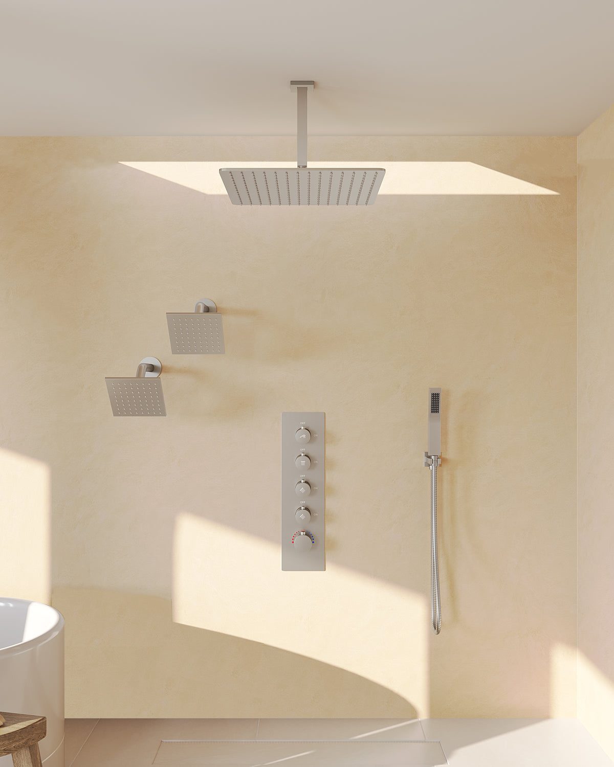 Ceiling-Mounted Triple-Head Shower System with Adjustable Handheld Spray