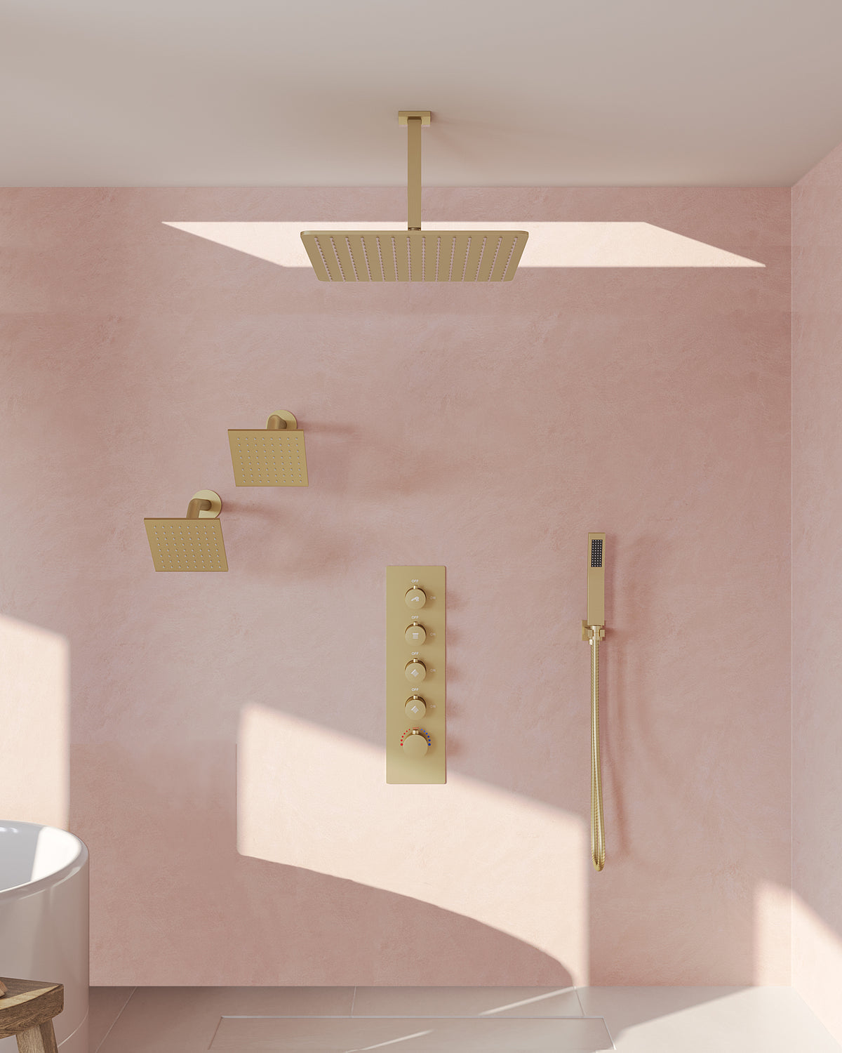 Ceiling-Mounted Triple-Head Shower System with Adjustable Handheld Spray