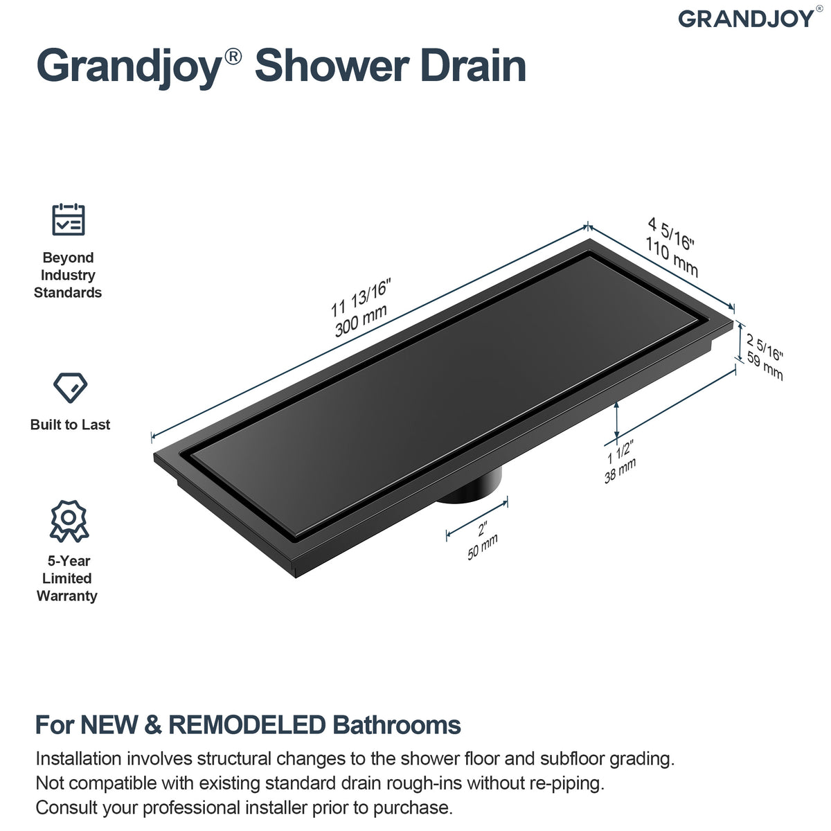 12-Inch Reversible Rectangular Shower Drain with Anti-Odor Core