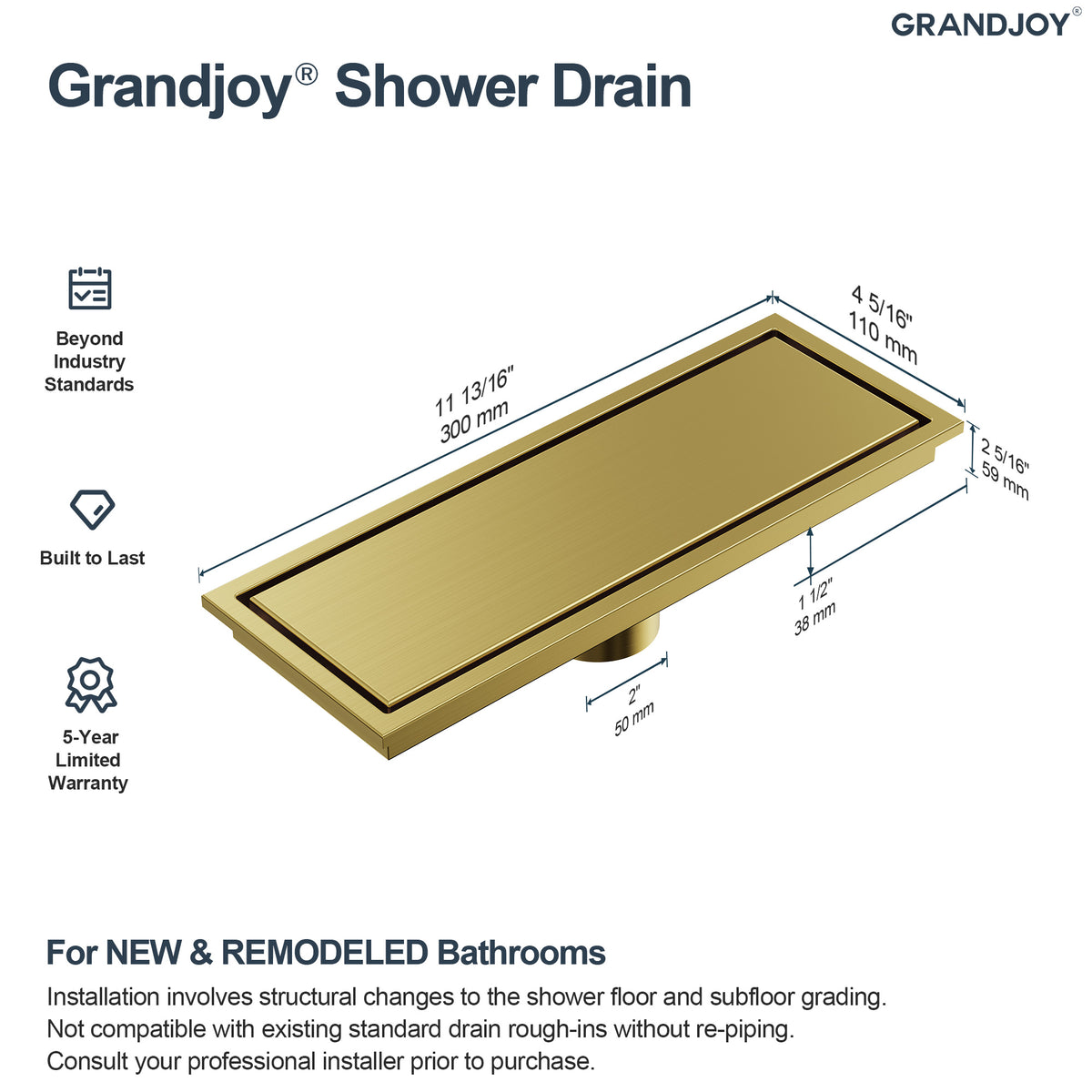 12-Inch Reversible Rectangular Shower Drain with Anti-Odor Core