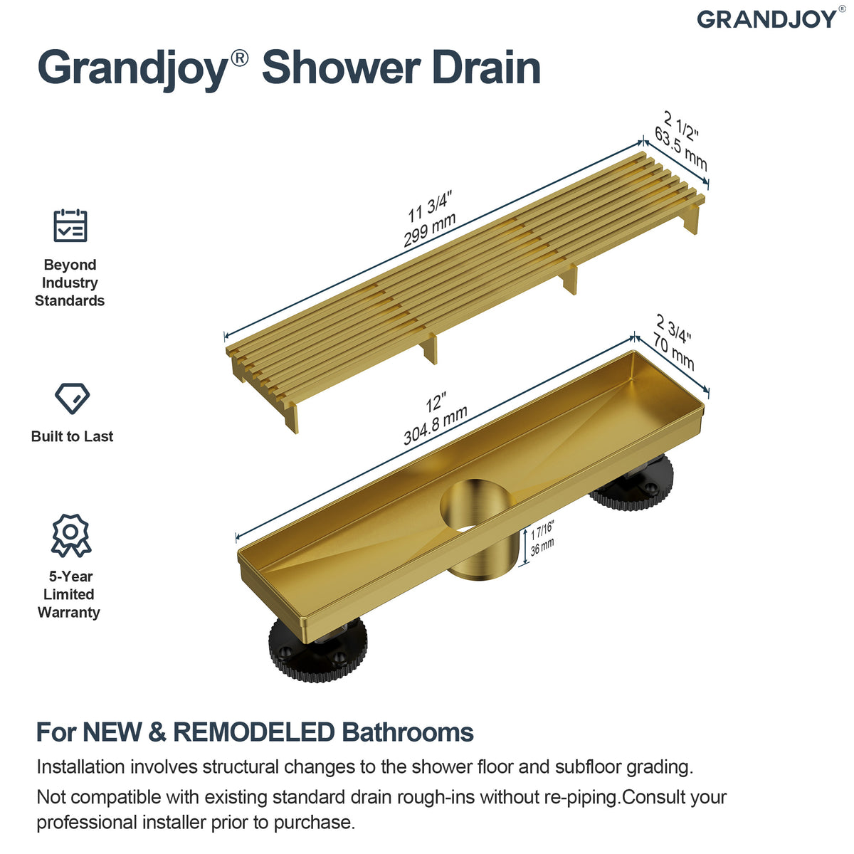 12-Inch Stainless Steel Linear Shower Drain with Easy-Clean Design