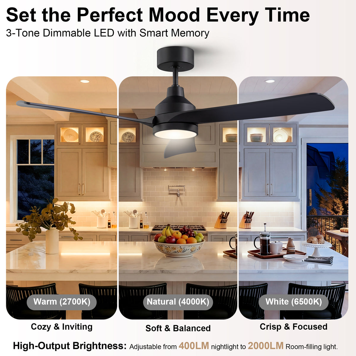 52-Inch Downrod Mount 3-Blade Ceiling Fan with Light and Remote Control