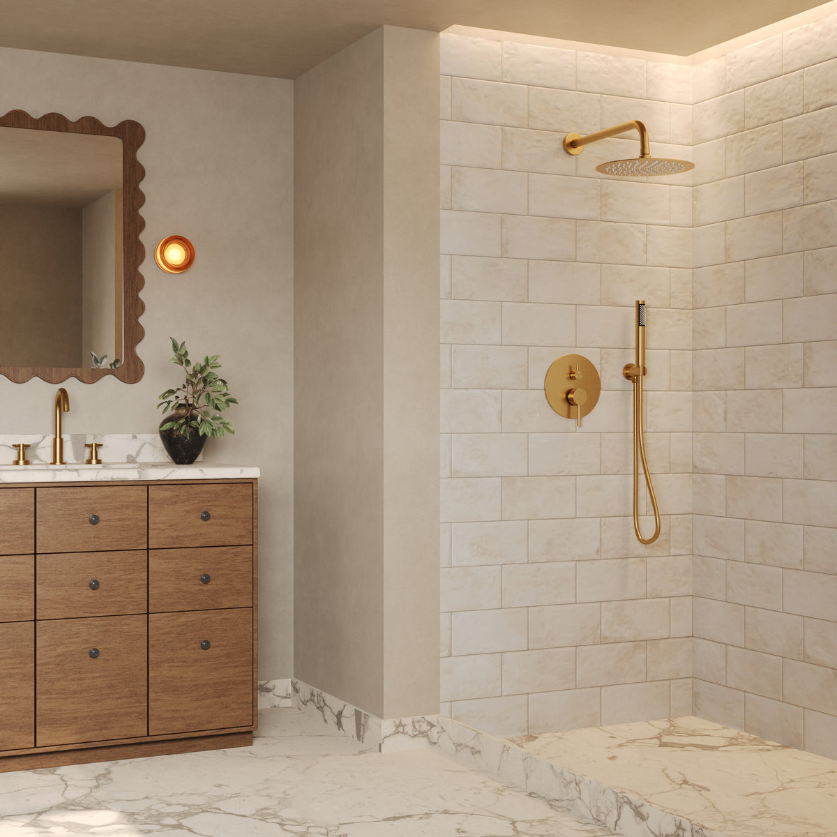 Round Wall-Mounted Shower System with Rainfall Head and Handheld