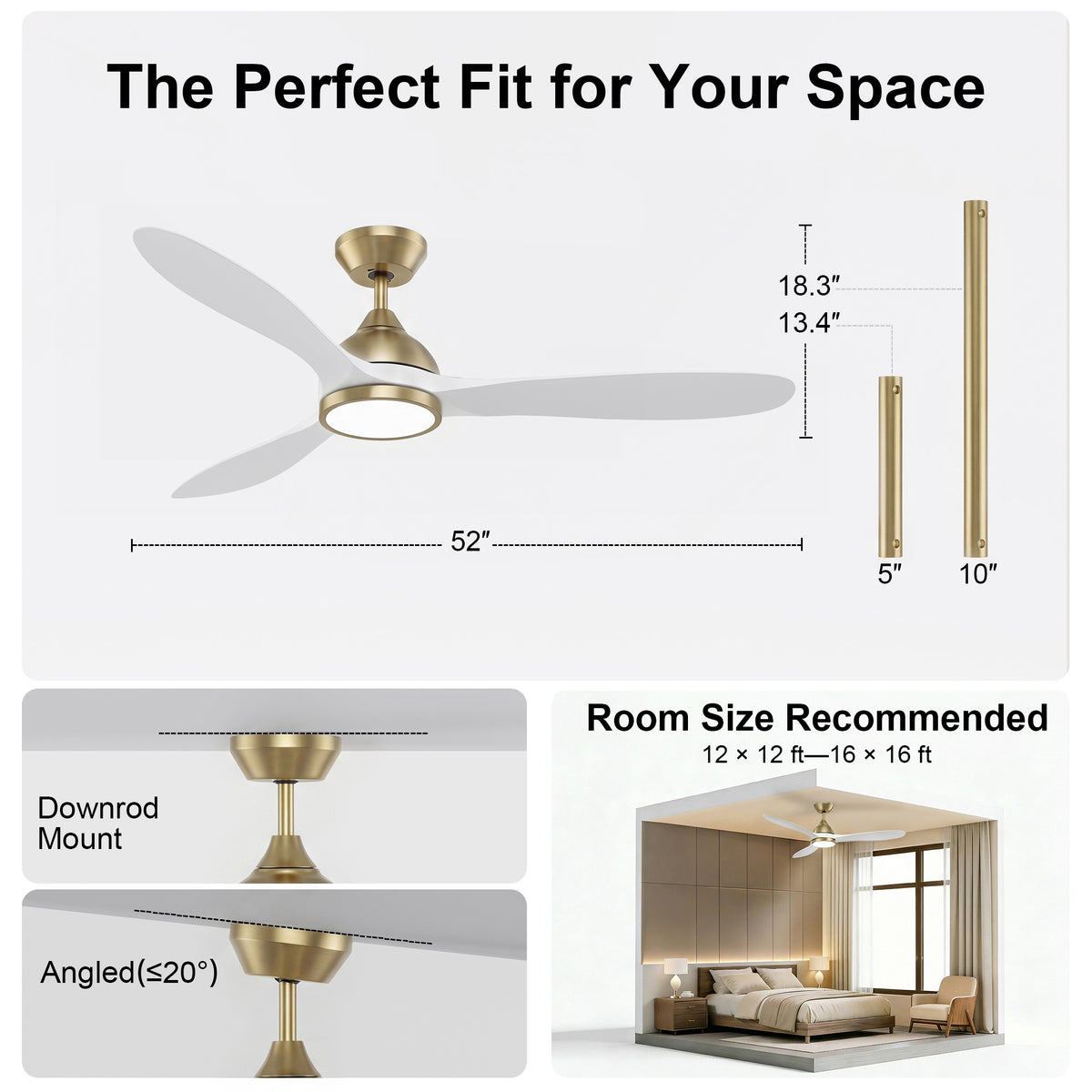 52-Inch Downrod Mount 3-Blade Ceiling Fan with Light and Remote Control