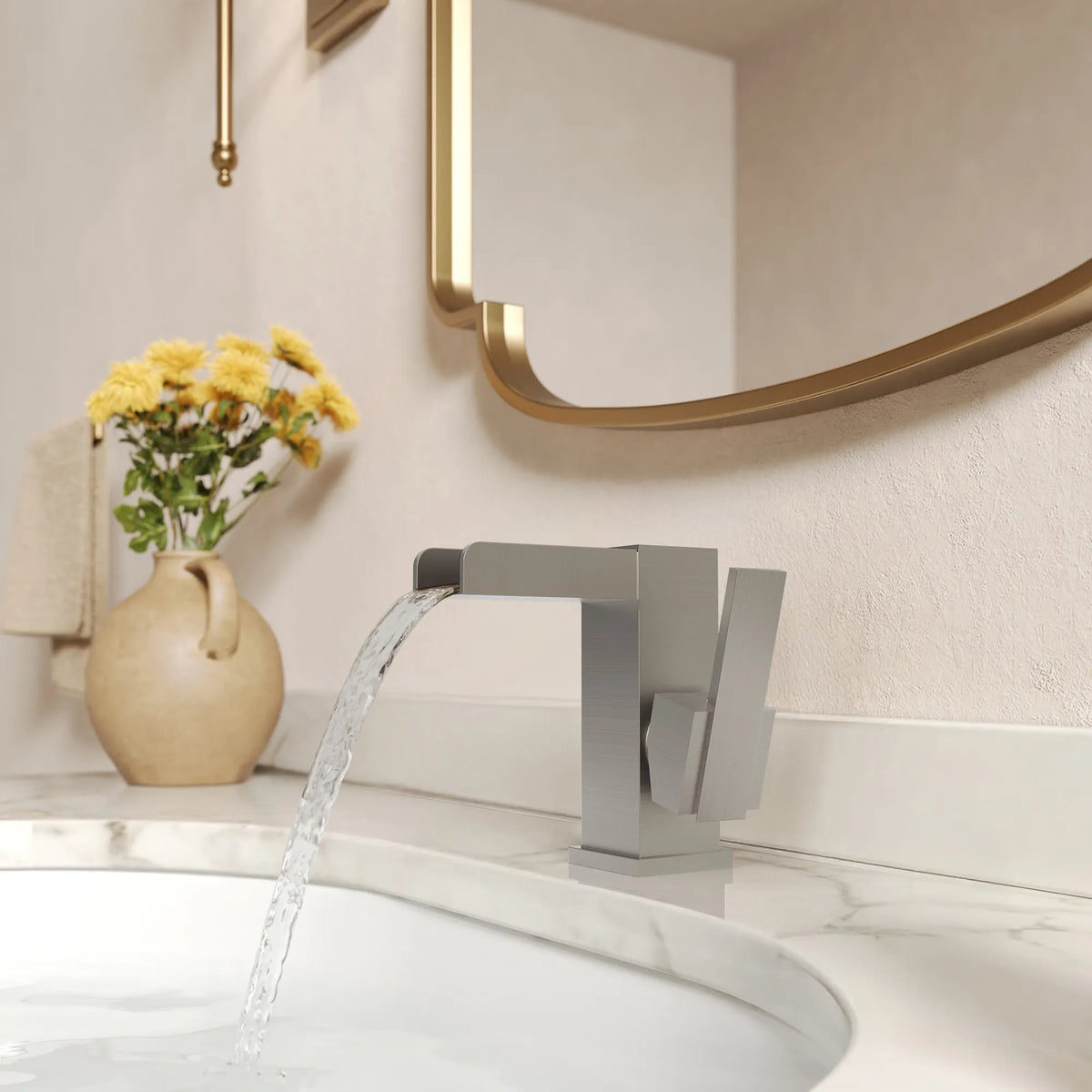 Single-Handle LED Waterfall Bathroom Sink Faucet With Pop-Up Drain