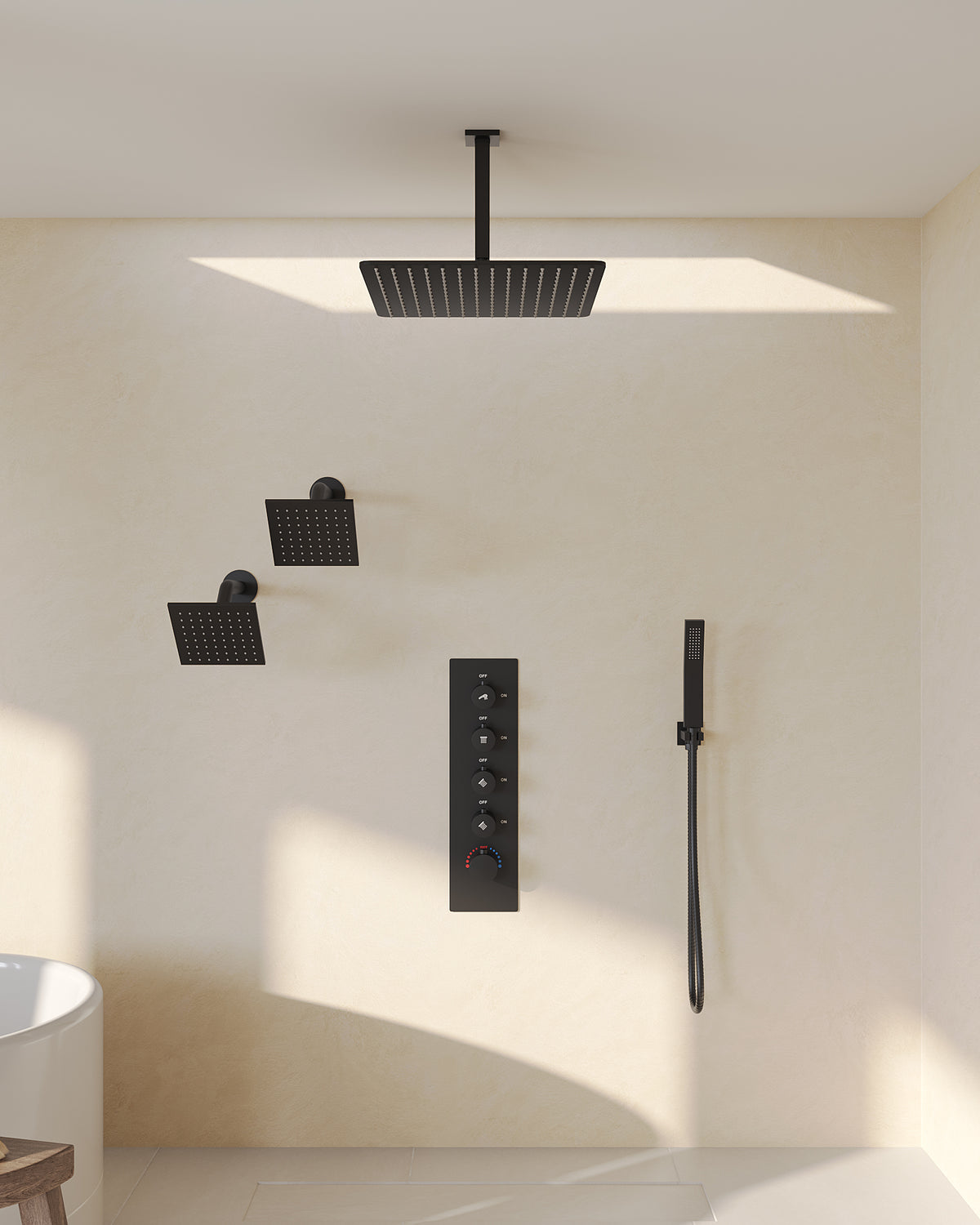 Ceiling-Mounted Triple-Head Shower System with Adjustable Handheld Spray