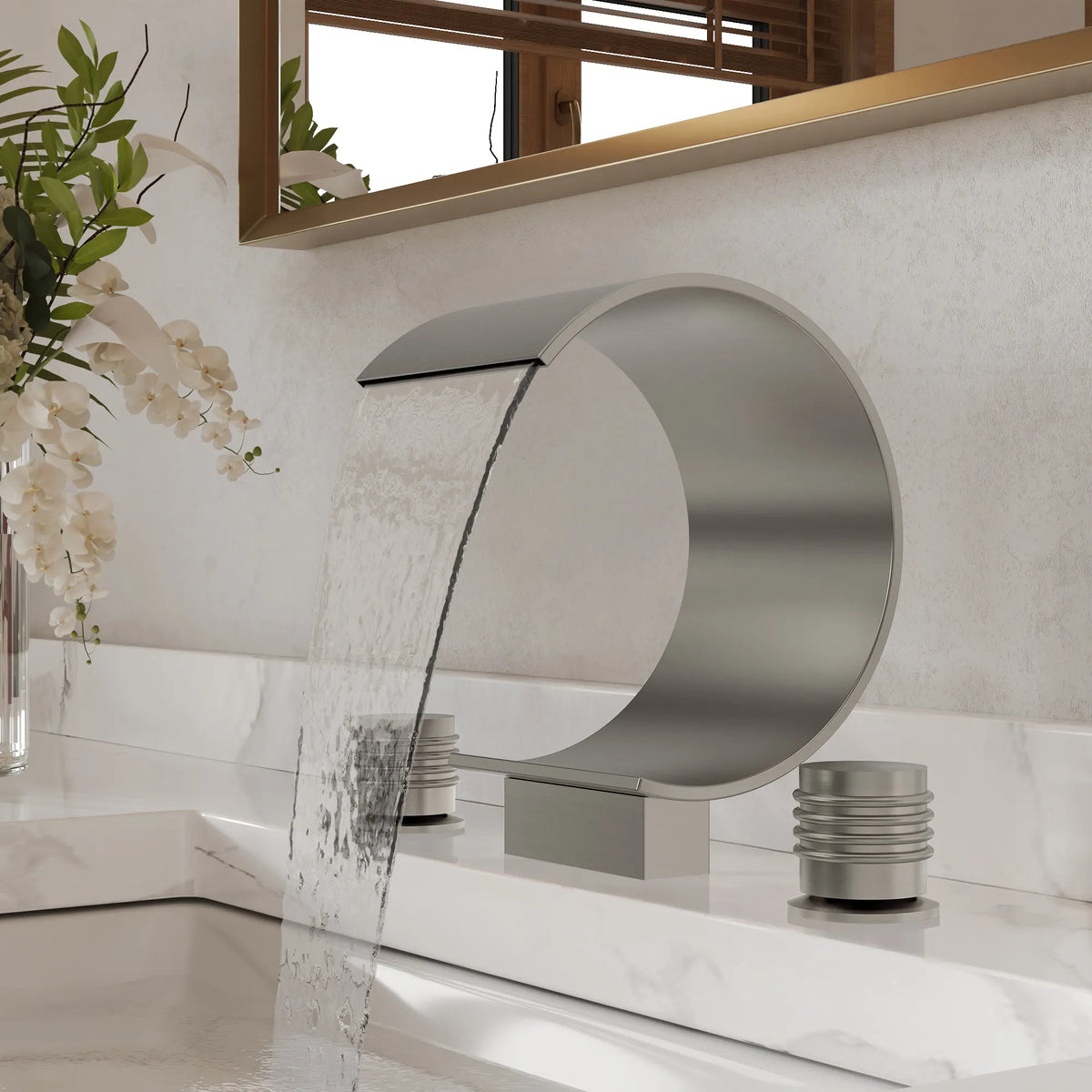 Two-Handle Waterfall Widespread Bathroom Sink Faucet With Pop-Up Drain