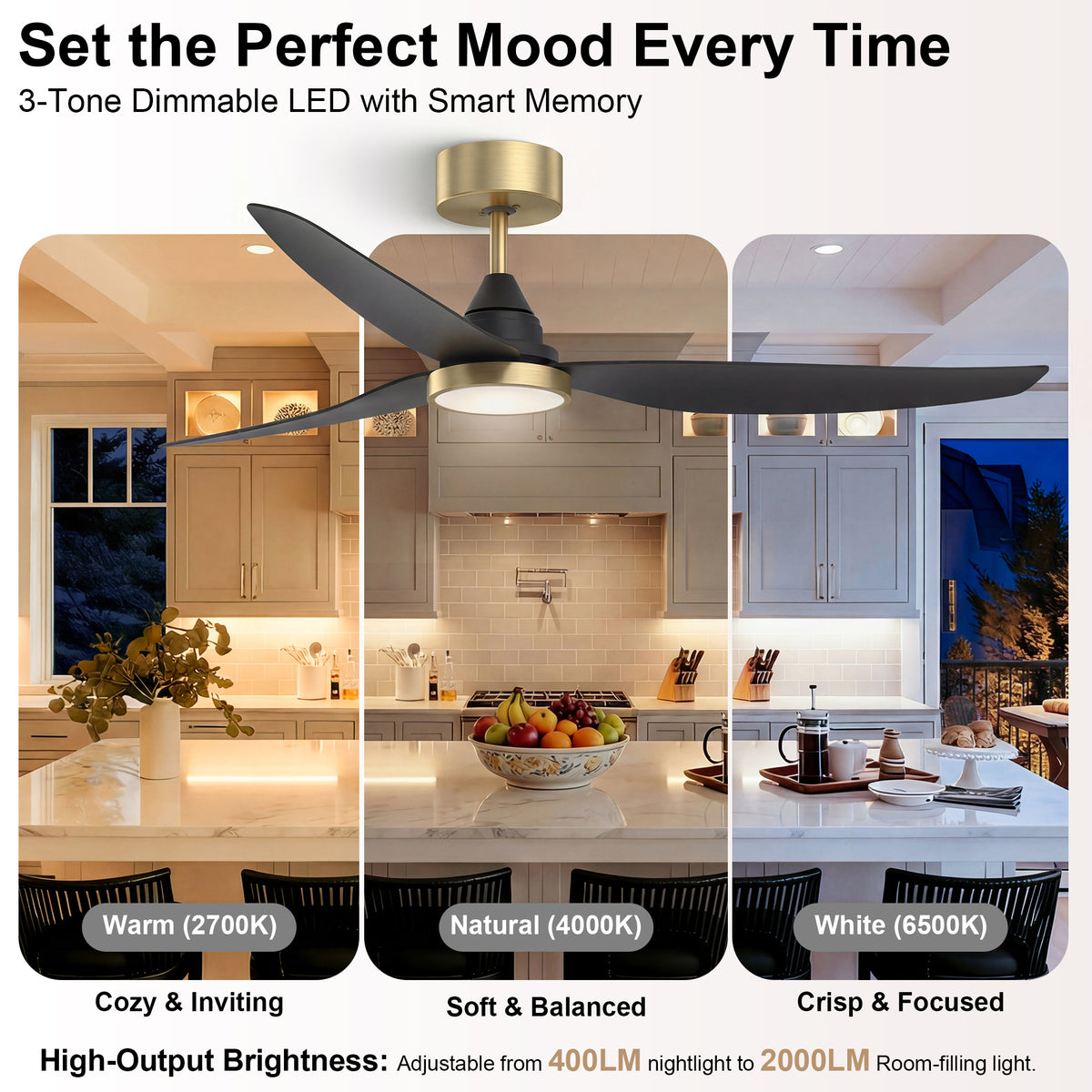 54-Inch Downrod Mount 3-Blade Ceiling Fan with Light and Remote Control