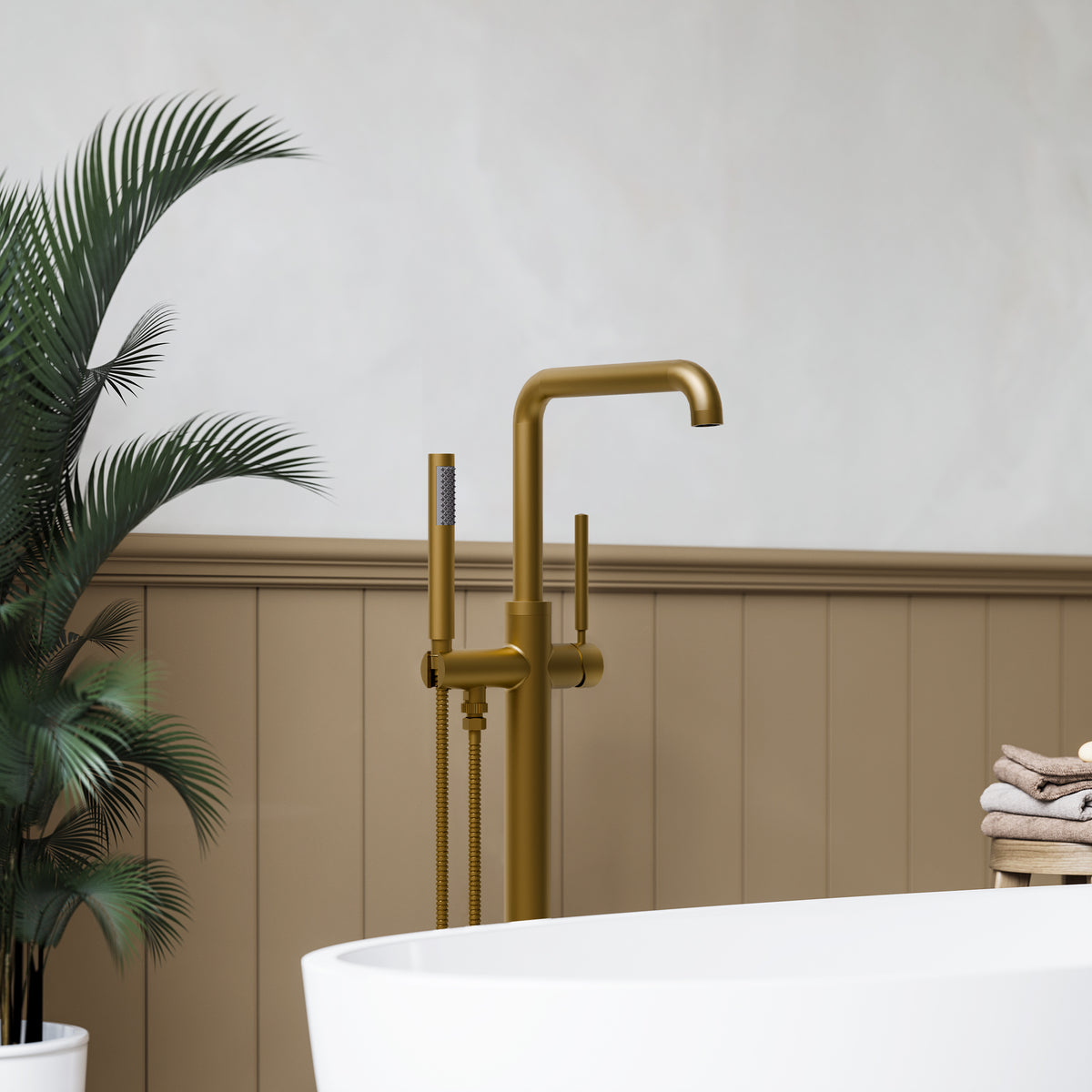 Floor-Mounted Bathtub Faucet with Swivel Spout and Hand Shower