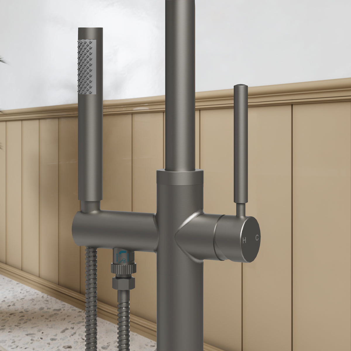 Floor-Mounted Bathtub Faucet with Swivel Spout and Hand Shower